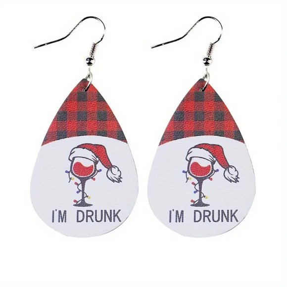 3/$12~I'm Drunk Christmas/New Year's Eve Wine Glass Earrings - Picture 2 of 2